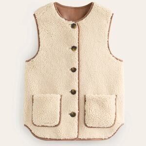 Boden Cream Faux Fur Clerkenwell Borg Button Gilet Vest Size 2